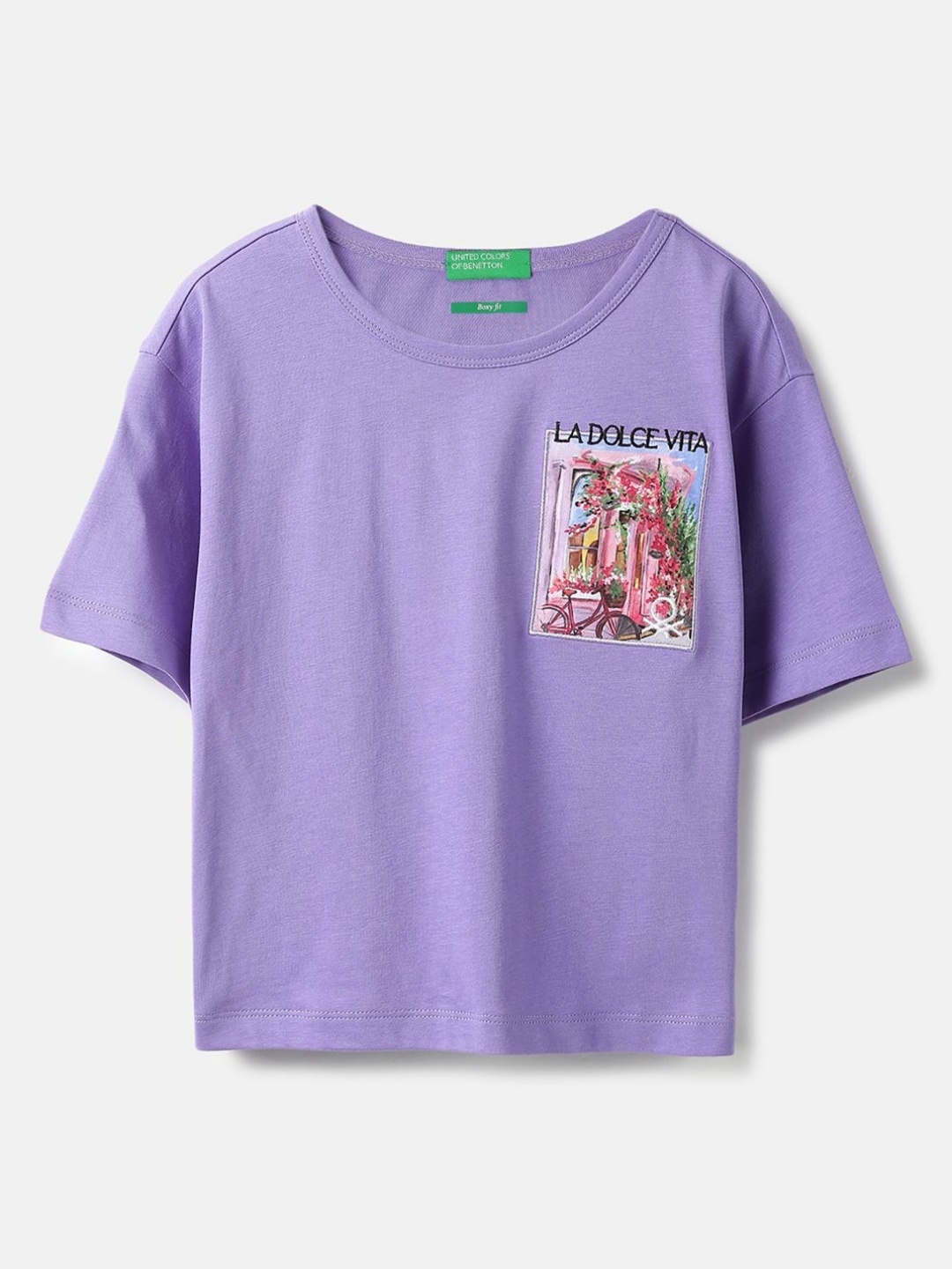 

United Colors of Benetton Girls Solid Round Neck Pure Cotton Relaxed Fit T-shirt, Purple