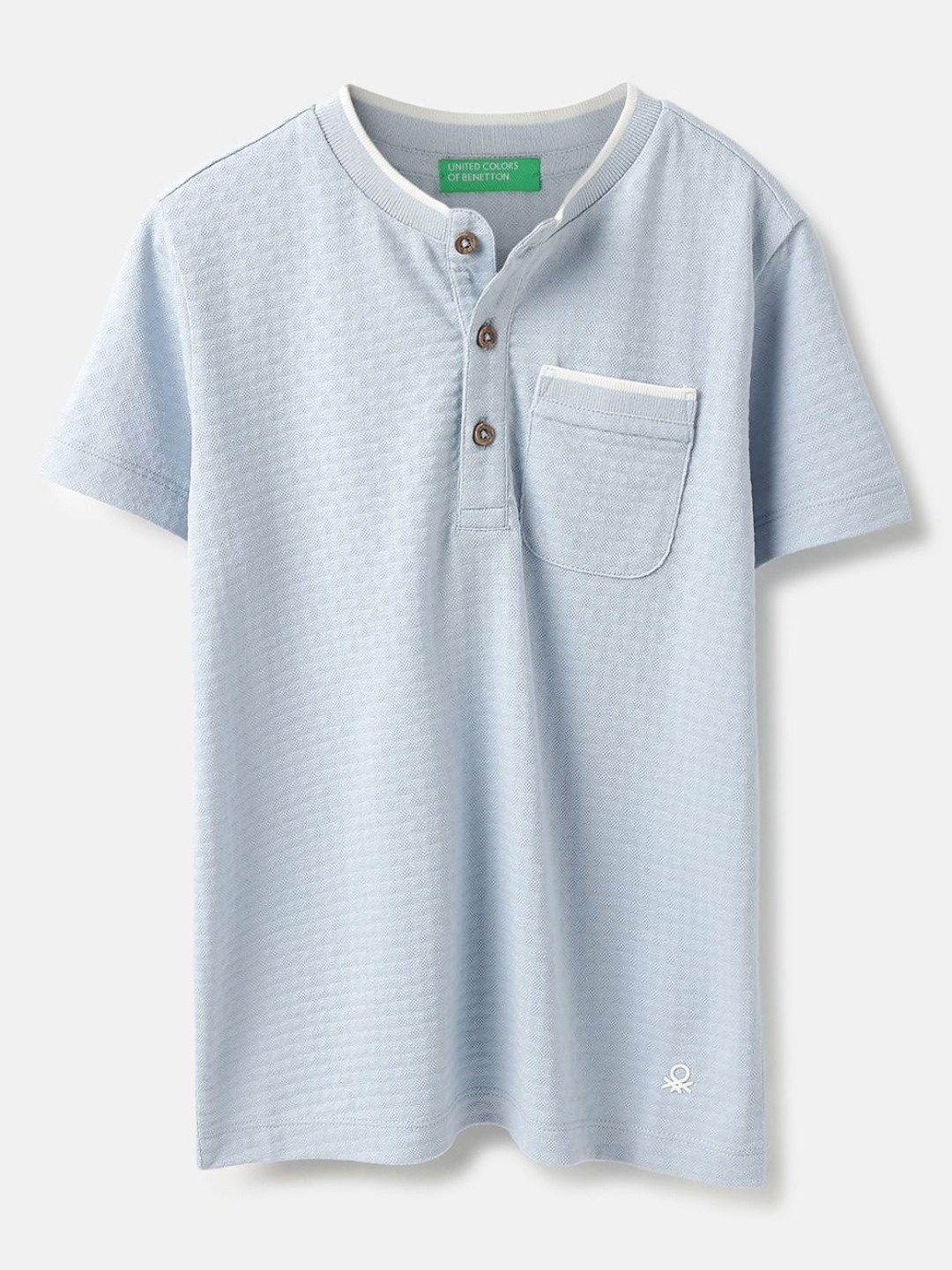 

United Colors of Benetton Boys Self Design Henley Neck Pure Cotton T-shirt, Blue