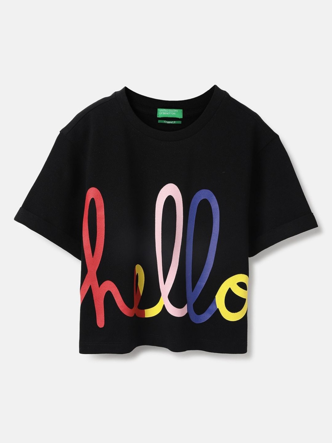 

United Colors of Benetton Girls Typography Printed Boxy Pure Cotton T-shirt, Black