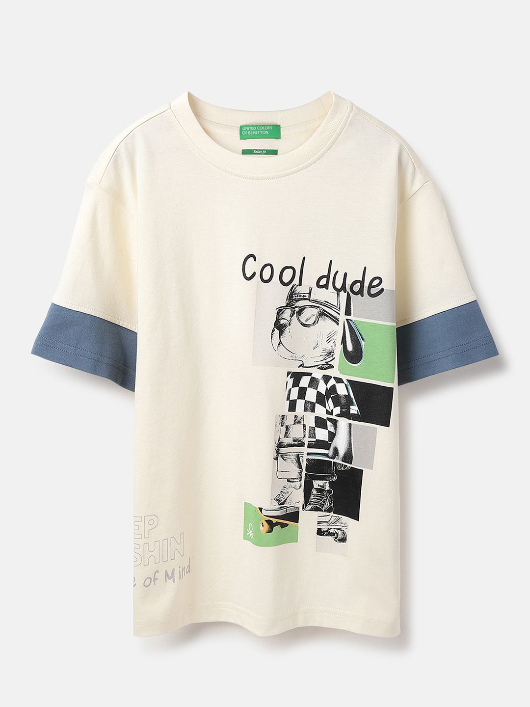 

United Colors of Benetton Boys Graphic Printed Round Neck Pure Cotton Relaxed Fit T-shirt, Cream