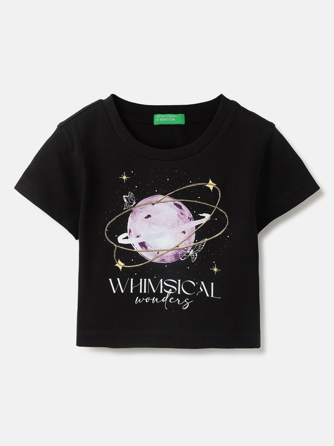 

United Colors of Benetton Girls Graphic Printed Round Neck Pure Cotton T-shirt, Black