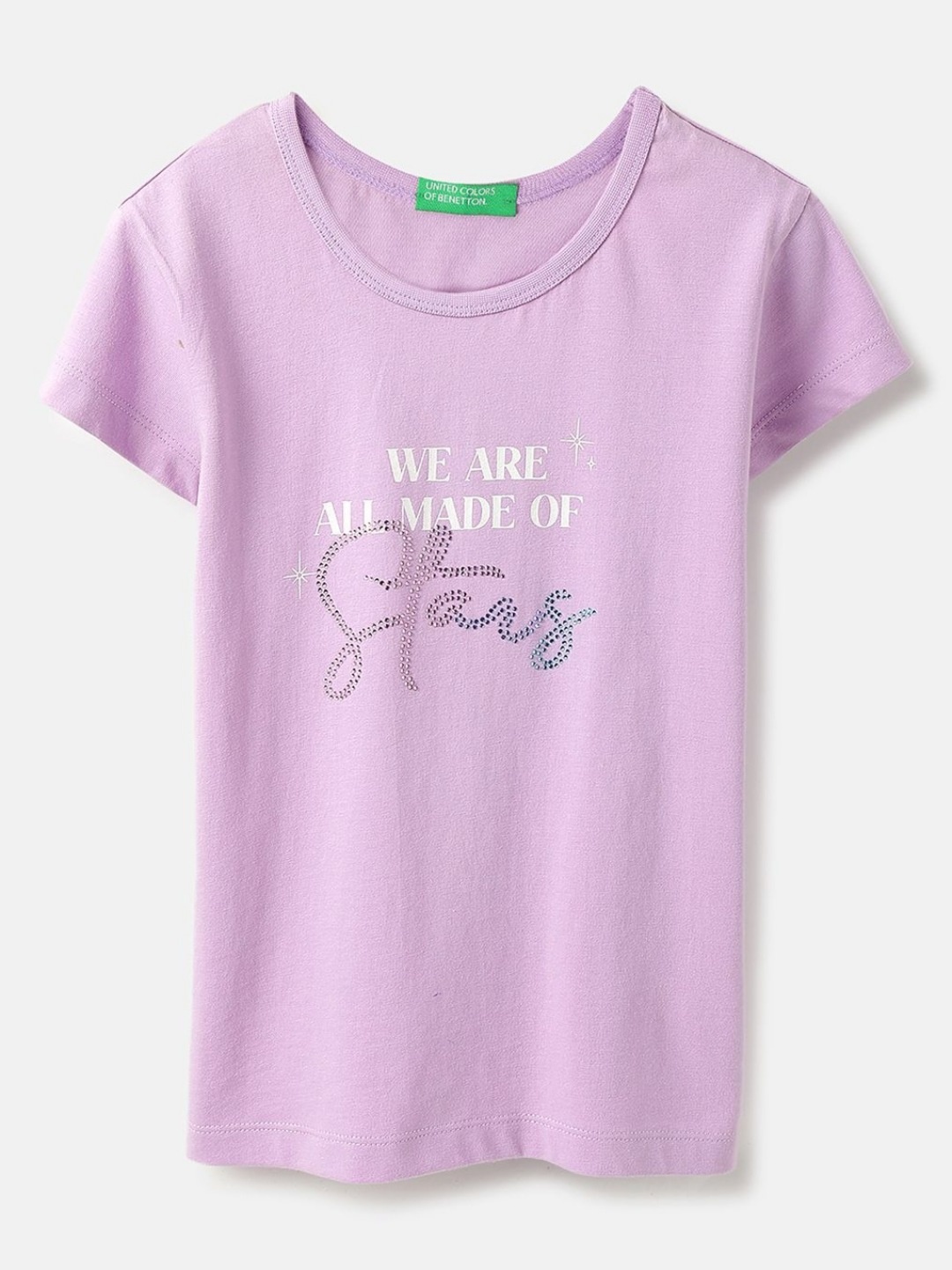 

United Colors of Benetton Girls Typography Printed Round Neck Pure Cotton T-shirt, Lavender