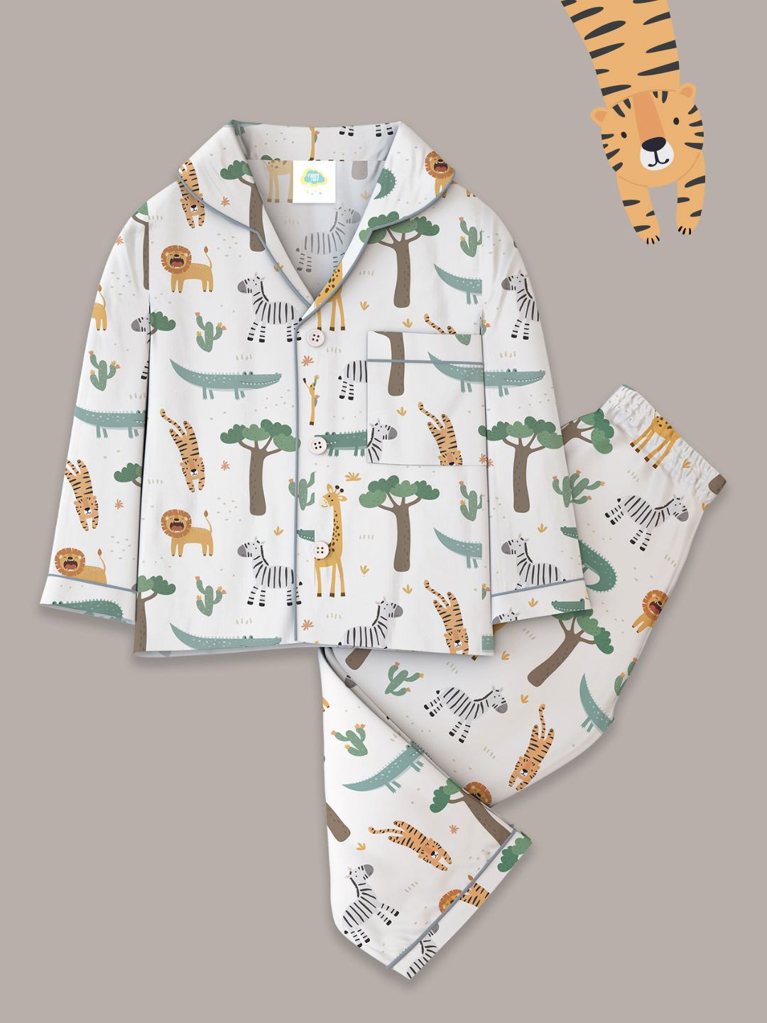 

Fancy Fluff Boys Animal Printed Night suit, Cream