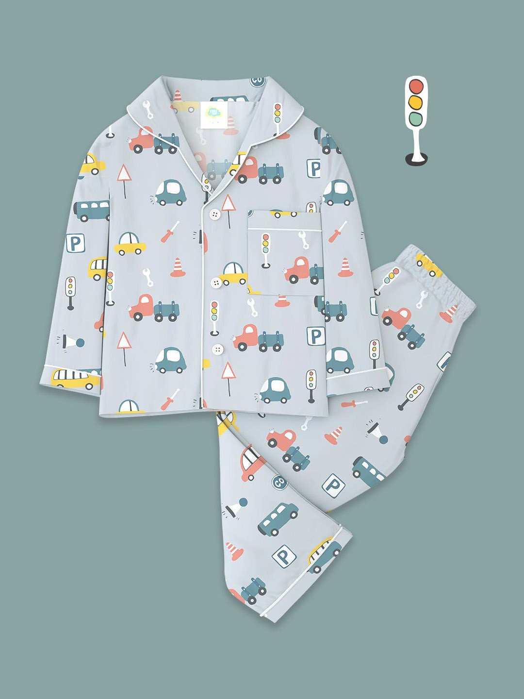 

Fancy Fluff Boys Printed Night suit, Grey