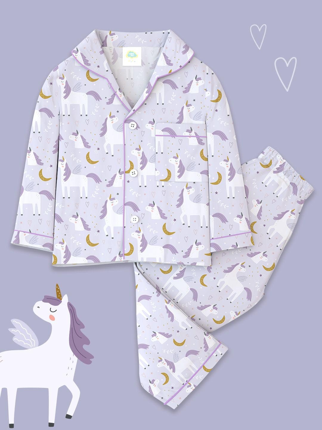

Fancy Fluff Girls Unicorn Conversational Printed Pure Cotton Night suit, Purple
