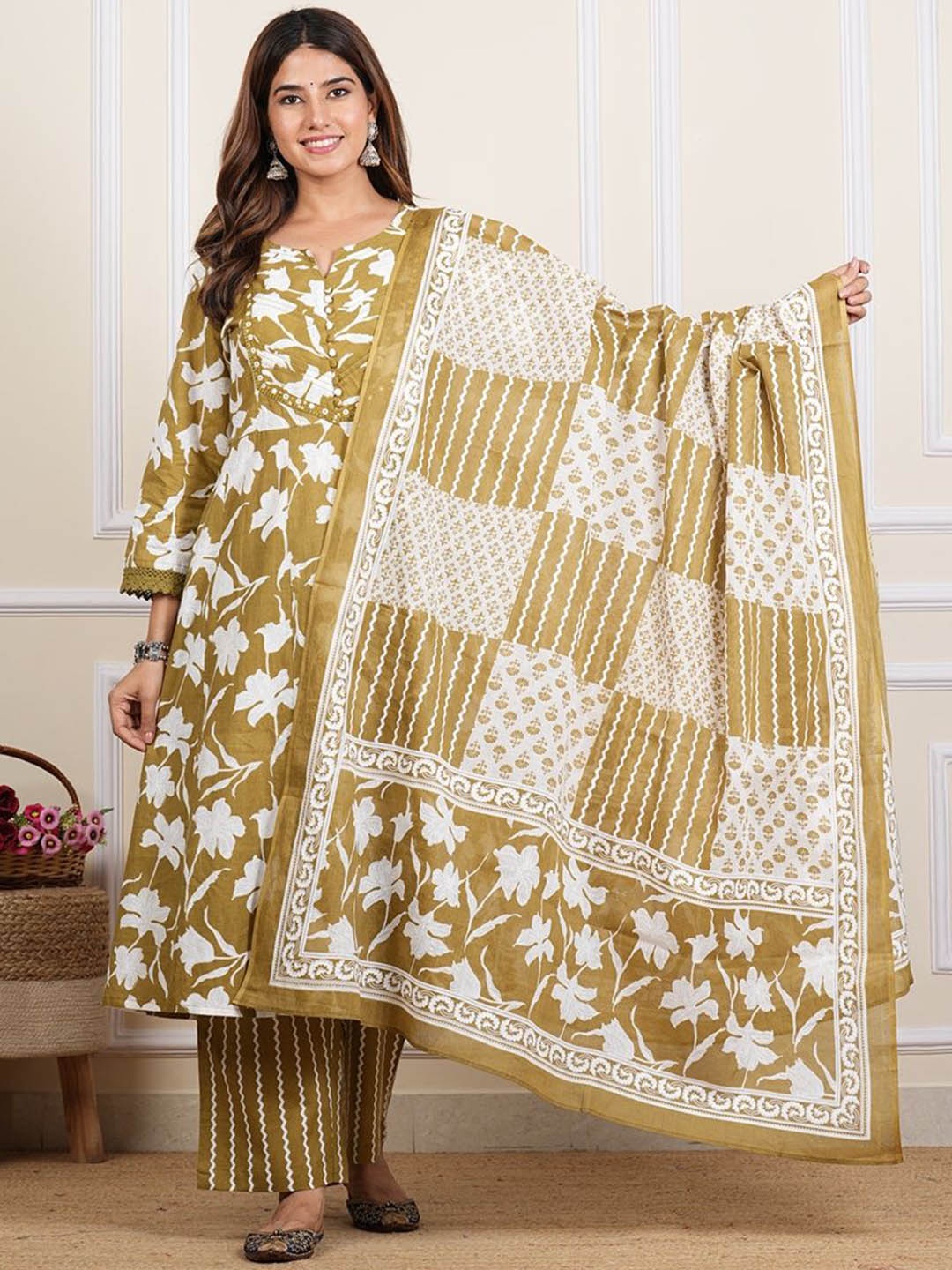 

YASH GALLERY Floral Printed Thread Work Pure Cotton Anarkali Kurta With Palazzo & Dupatta, Green