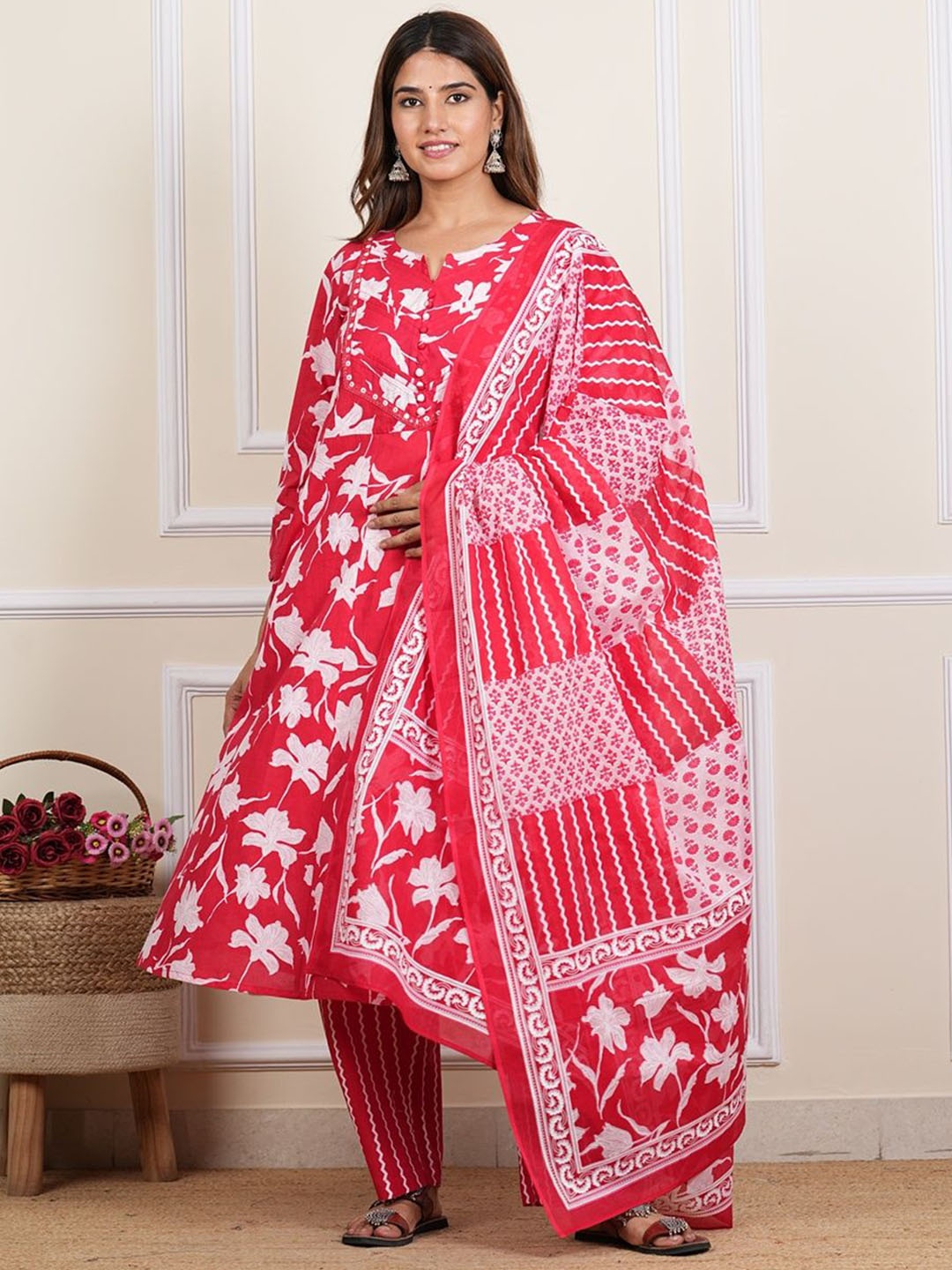 

YASH GALLERY Floral Printed Thread Work Pure Cotton Anarkali Kurta With Palazzo & Dupatta, Red