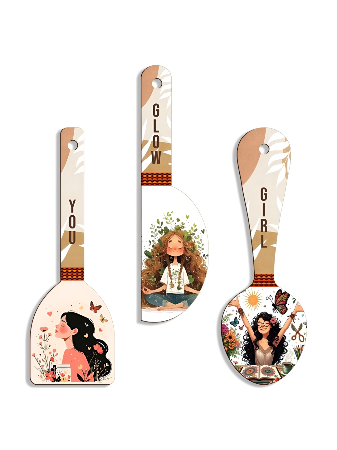 

SEHAZ ARTWORKS Beige & Brown 3 Pieces Floral Printed Wooden Decor Wall Hangings