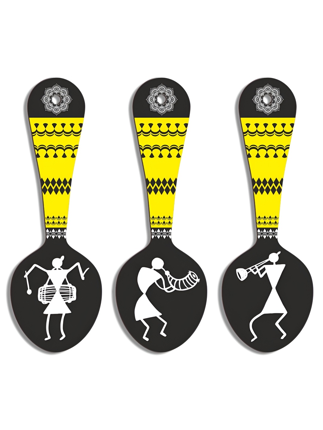 SEHAZ ARTWORKS Grey & Yellow 3 Pieces Ethnic Motifs Printed Wooden Decor Wall Hangings
