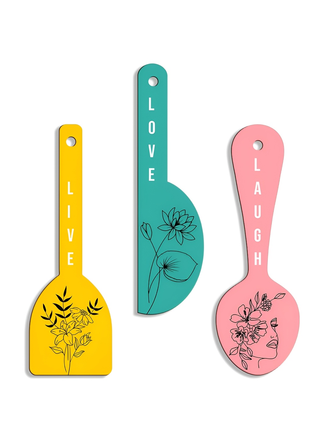 SEHAZ ARTWORKS Green & Yellow 3 Pieces Floral Printed Wooden Decor Wall Hangings