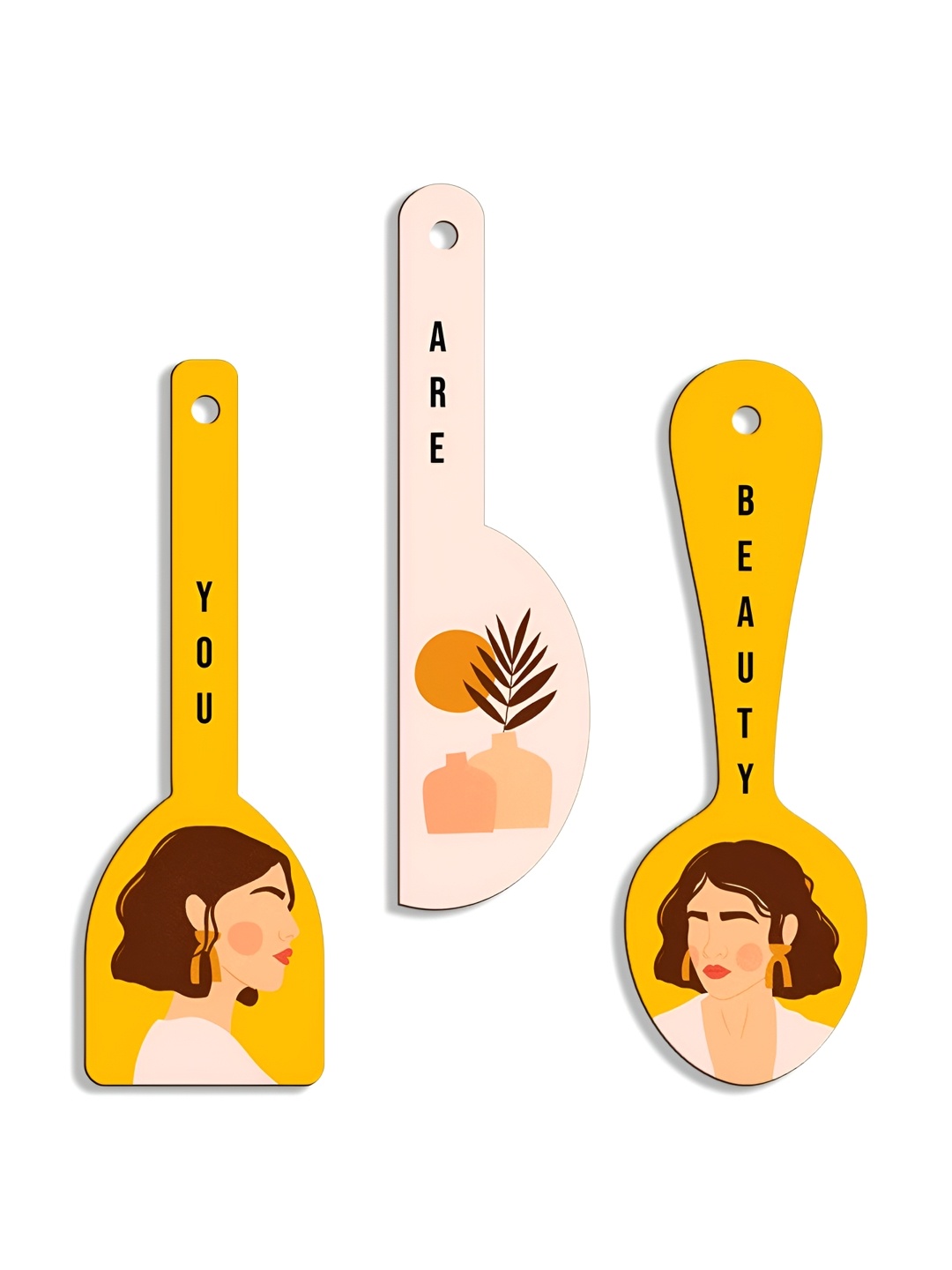 

SEHAZ ARTWORKS Yellow & Pink 3 Pieces Printed Wooden Decor Wall Hangings