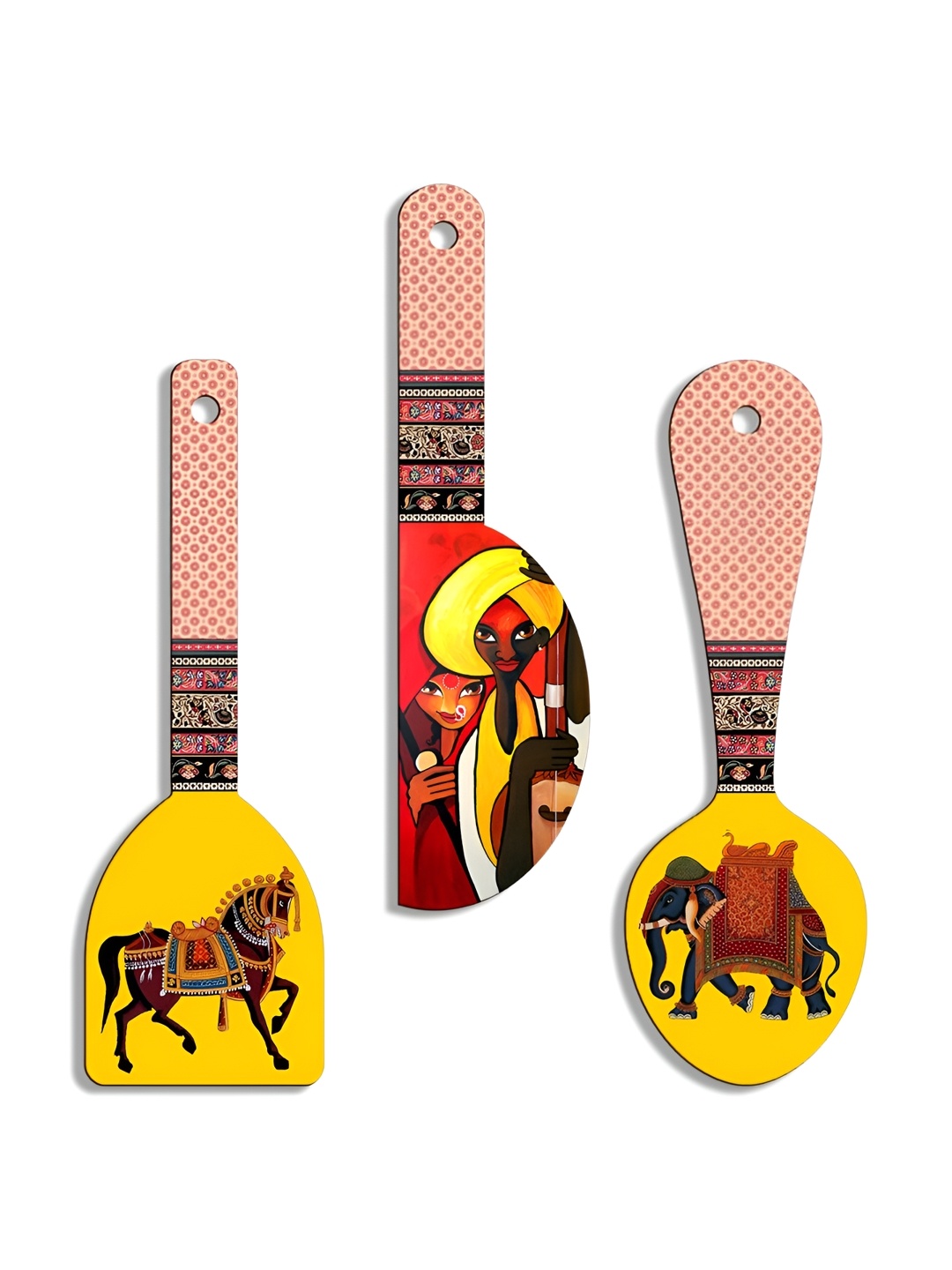 

SEHAZ ARTWORKS Yellow & Red 3 Pieces Ethnic Motifs Printed Wooden Decor Wall Hangings