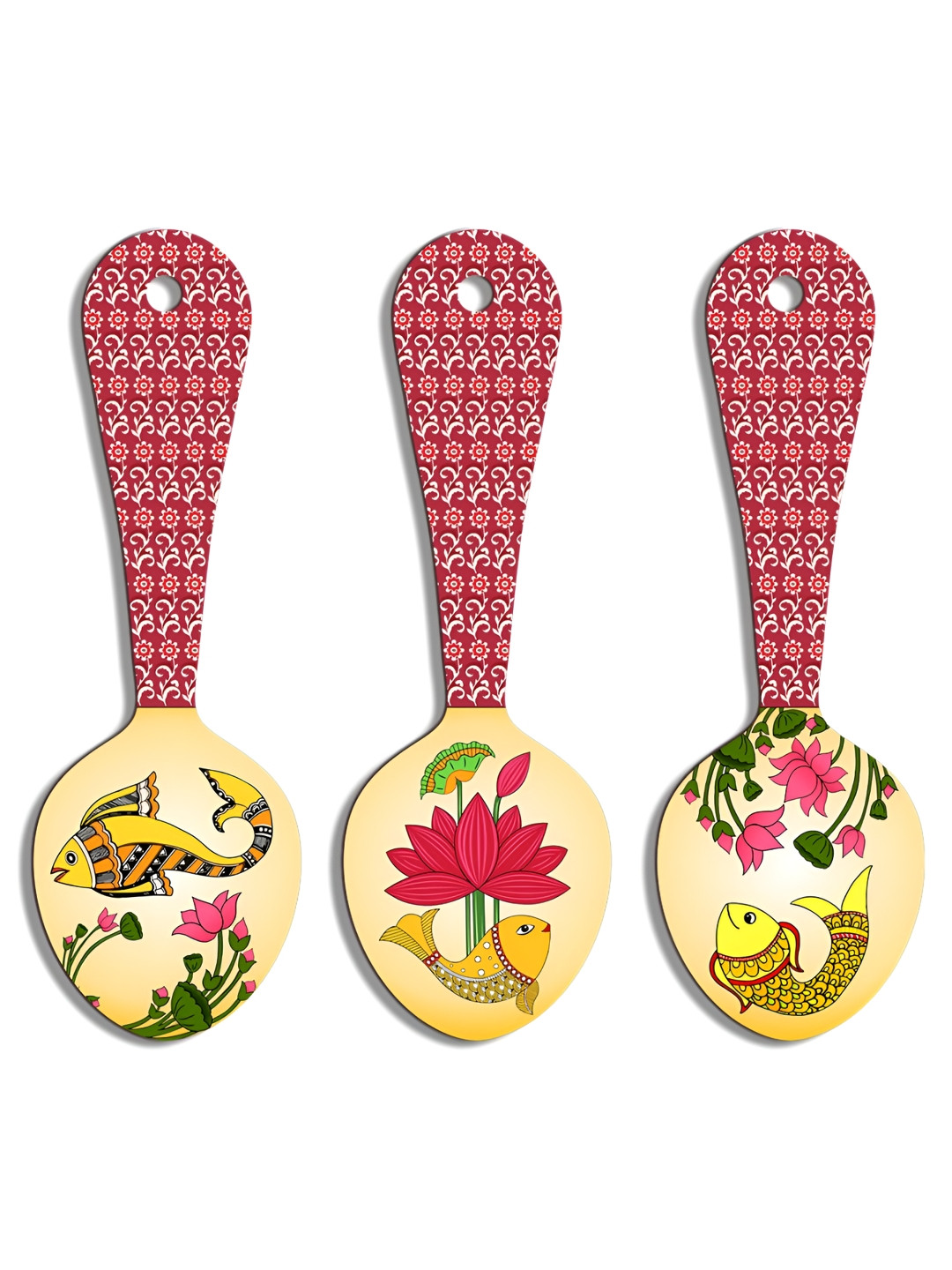 

SEHAZ ARTWORKS Red & Yellow 3 Pieces Ethnic Motifs Printed Wooden Decor Wall Hangings, Pink