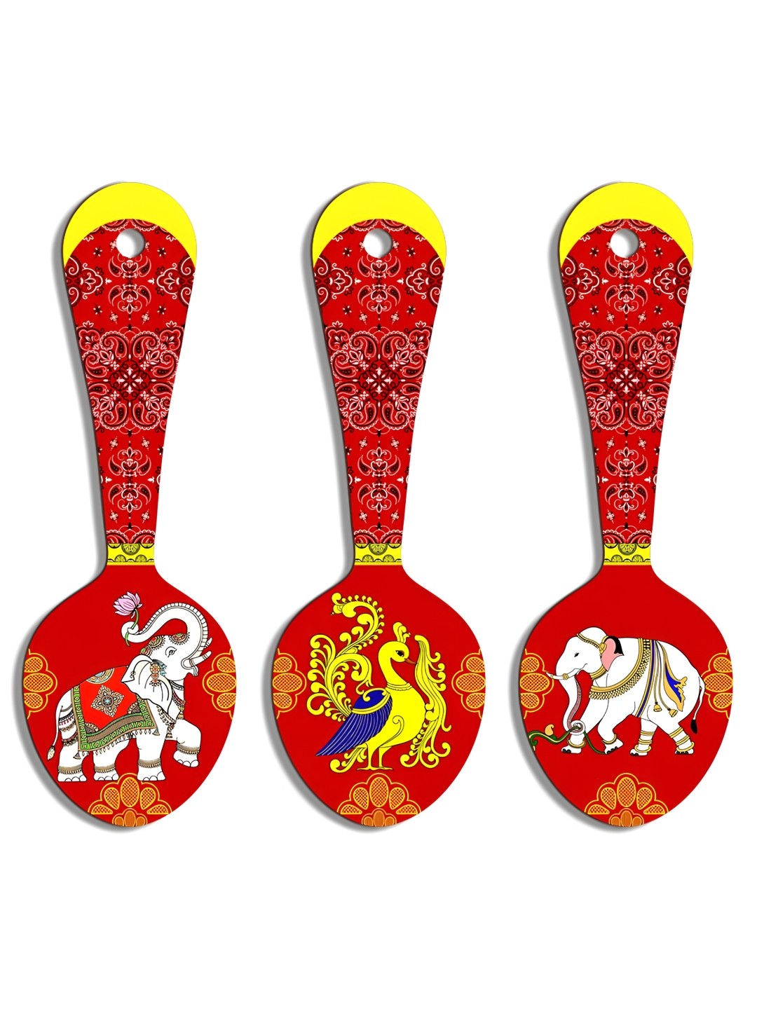 

SEHAZ ARTWORKS Red & Yellow 3 Pieces Ethnic Motifs Printed Wooden Decor Wall Hangings