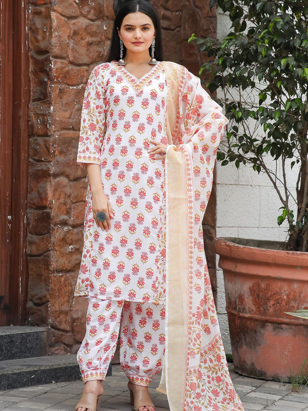 

KALINI Floral Printed V-Neck Straight Kurta With Trousers & Dupatta, White