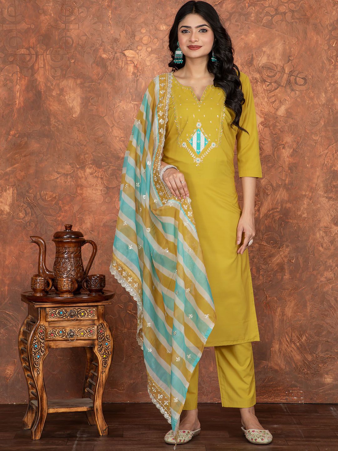 

KALINI Embroidered Yoke Design Roman Silk Straight Kurta With Trousers & Dupatta, Yellow