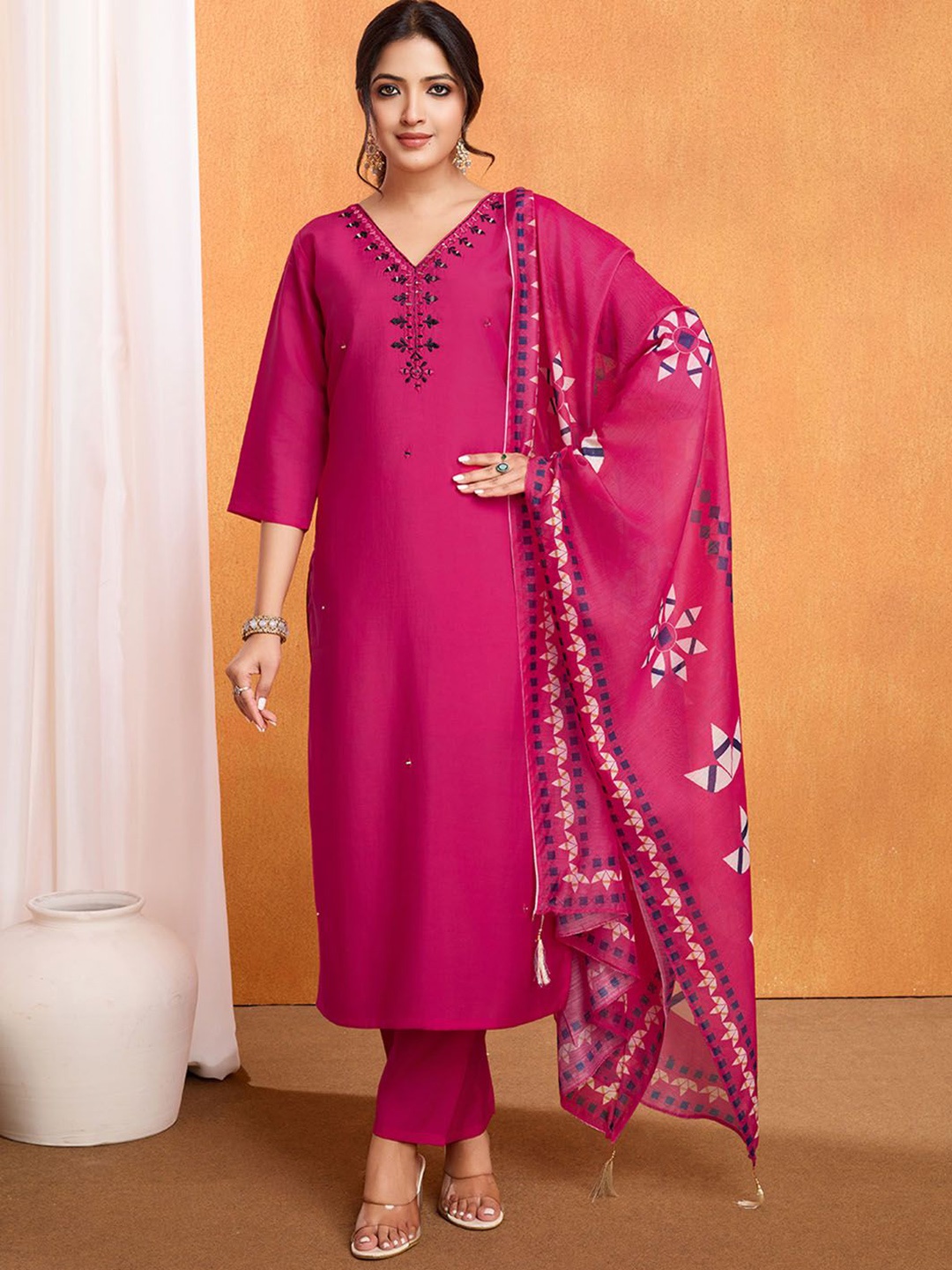 

KALINI Floral Yoke Design V-Neck Pure Roman Silk Straight Kurta With Trousers & Dupatta, Pink