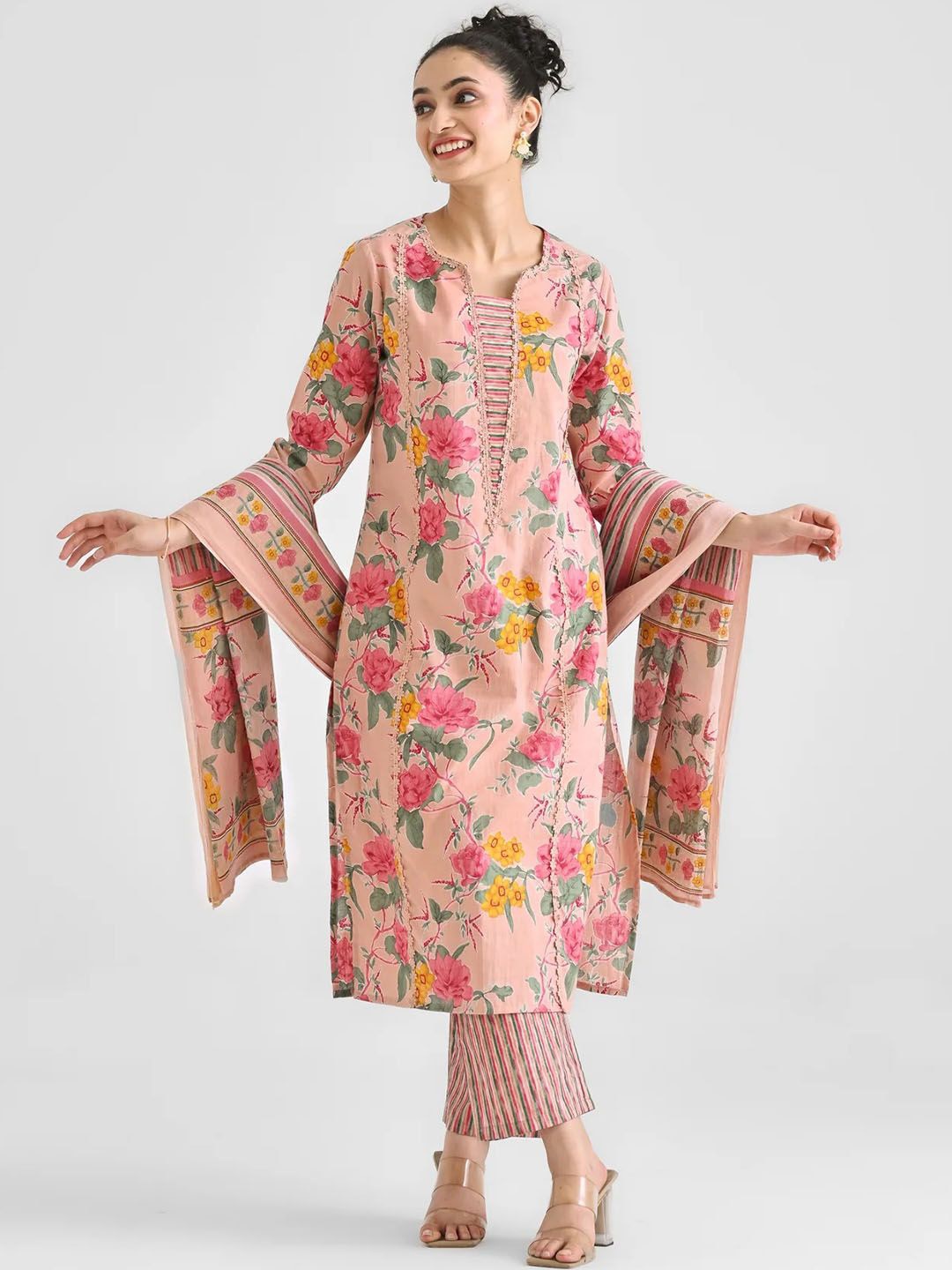 

KALINI Floral Printed Notch Neck Panelled Straight Kurta With Trousers & Dupatta, Peach