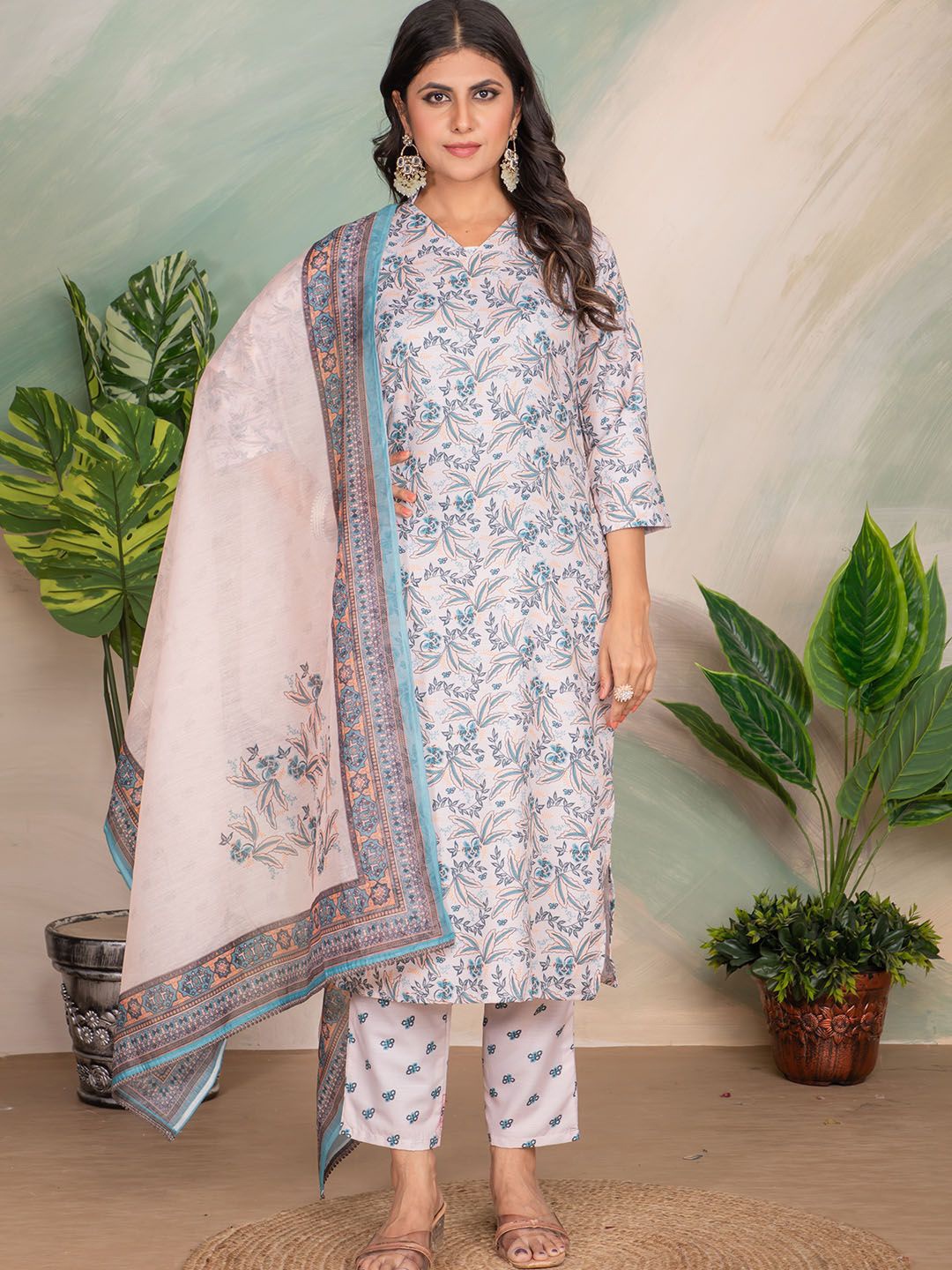 

KALINI Floral Printed V-Neck Straight Kurta With Trouser & Dupatta, White