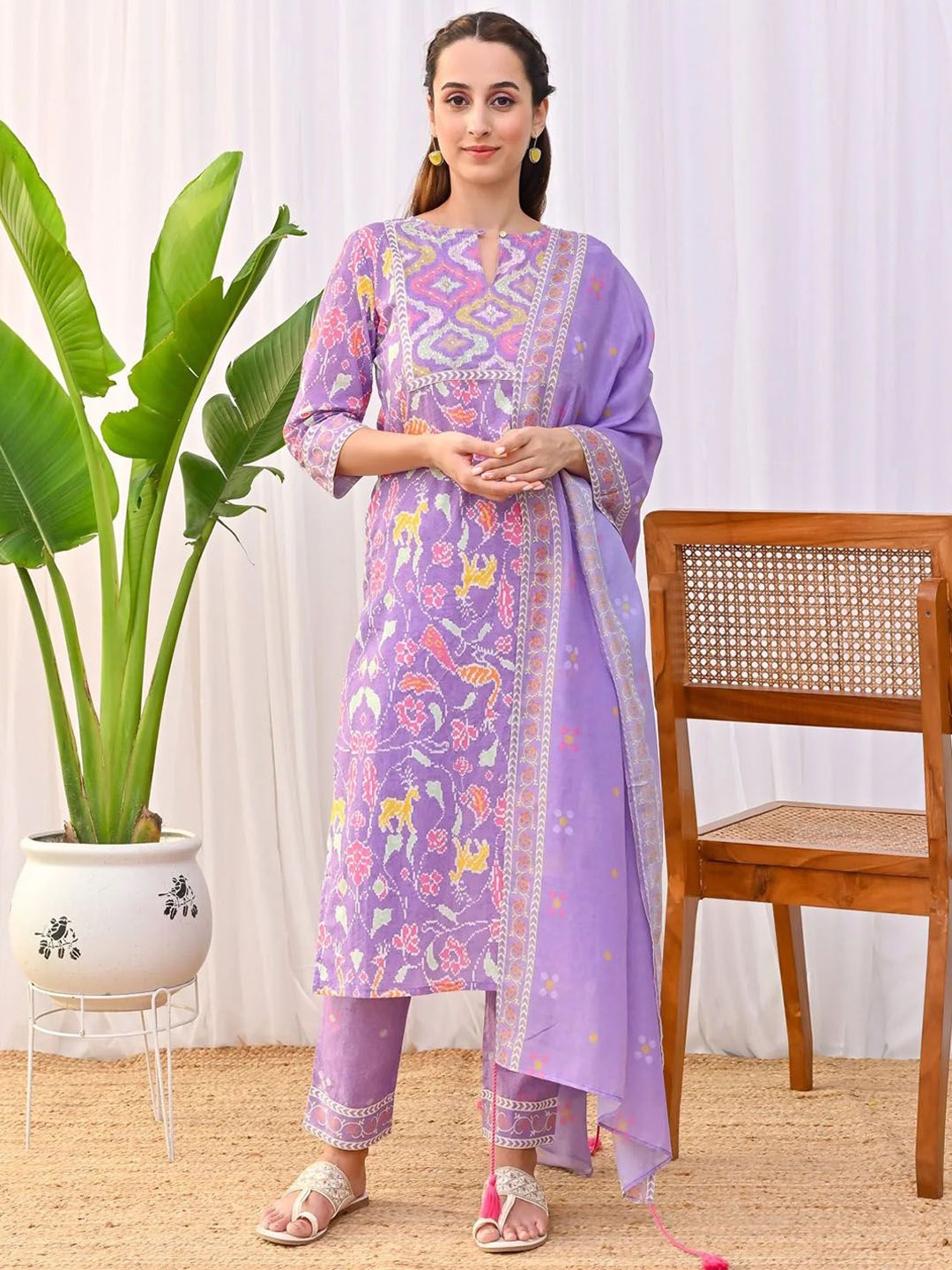 

KALINI Floral Printed Keyhole Neck Straight Kurta with Trousers & With Dupatta, Lavender