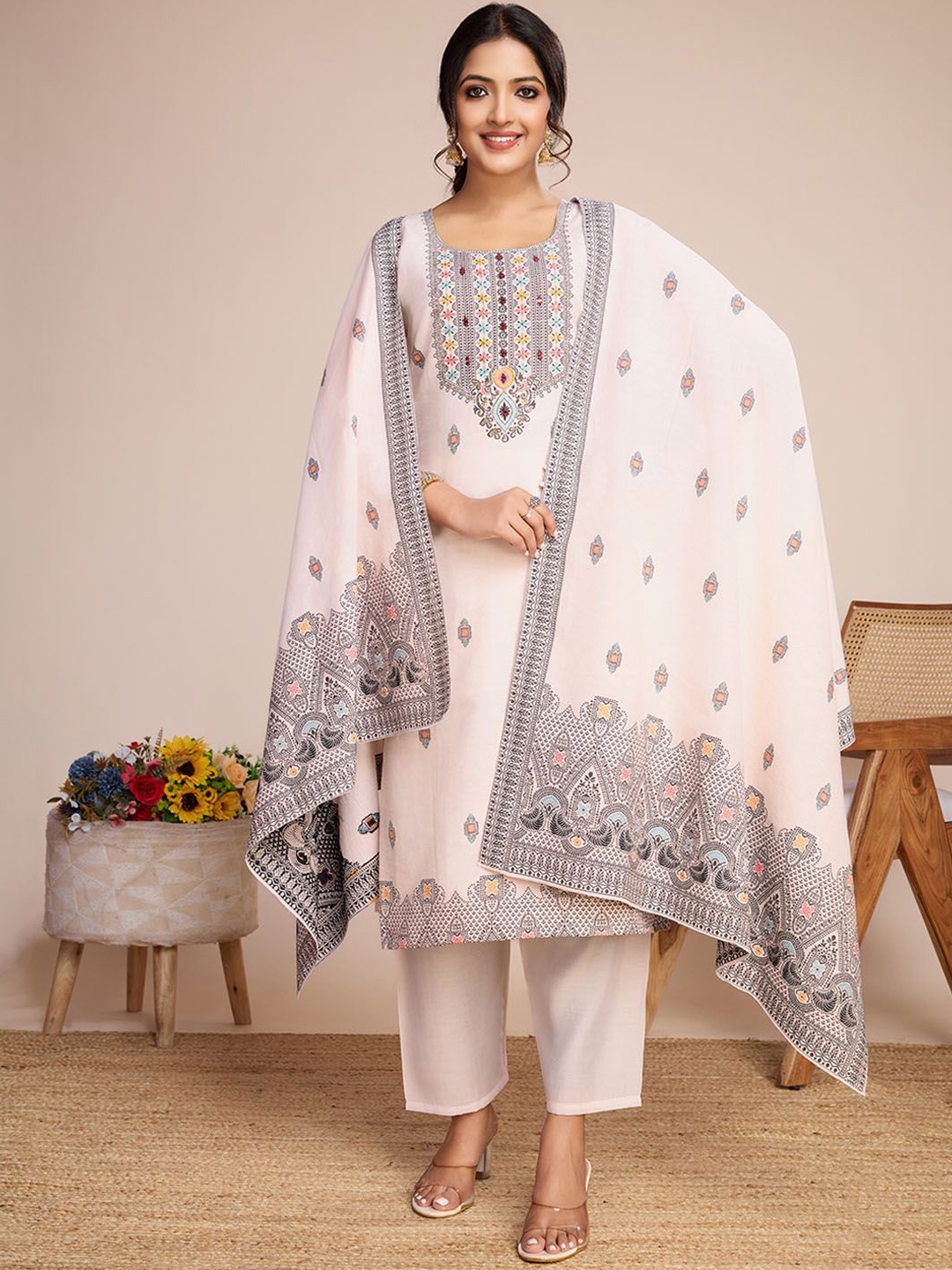 

KALINI Floral Embroidered Pure Cotton Straight Kurta With Trousers & Dupatta, White