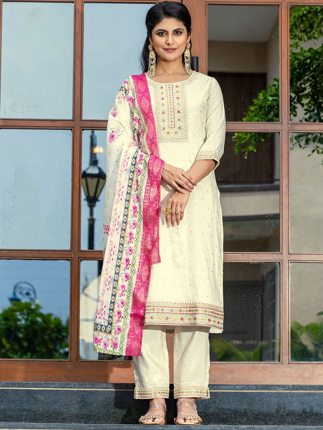 

KALINI Floral Woven Design Sequinned Pure Cotton Straight Kurta With Trousers & Dupatta, Off white