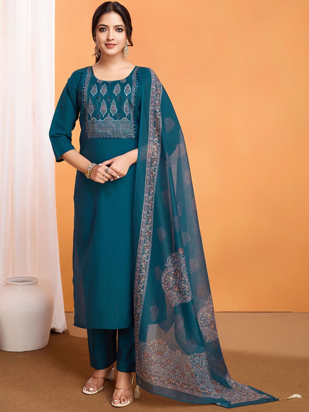 

KALINI Embroidered Yoke Design Mirror Work Roman Silk Kurta With Trousers & Dupatta, Teal