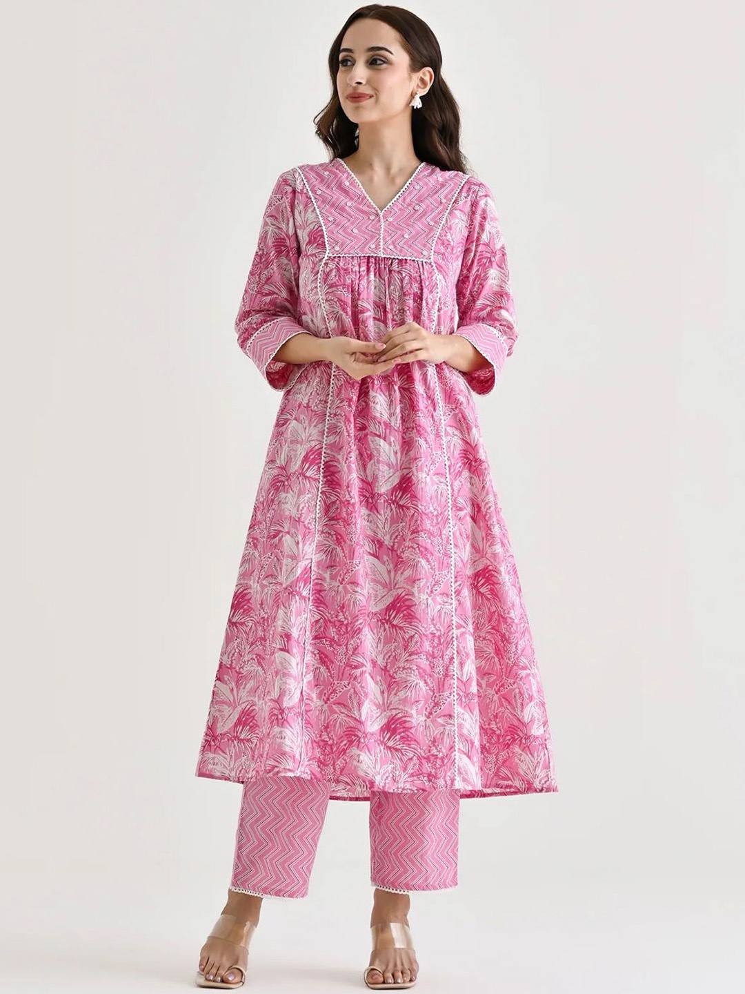 

KALINI Floral Printed Beads And Stones V-Neck Anarkali Kurta With Trousers And Dupatta, Pink