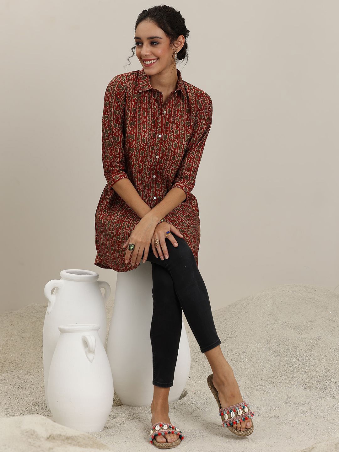 

Libas Ethnic Motifs Printed Shirt Collar Panelled Kurti, Rust