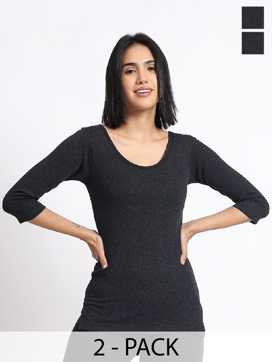 

T.T. Women Pack Of 2 Cotton Rich With Elastomeric Finish Thermal Top, Black
