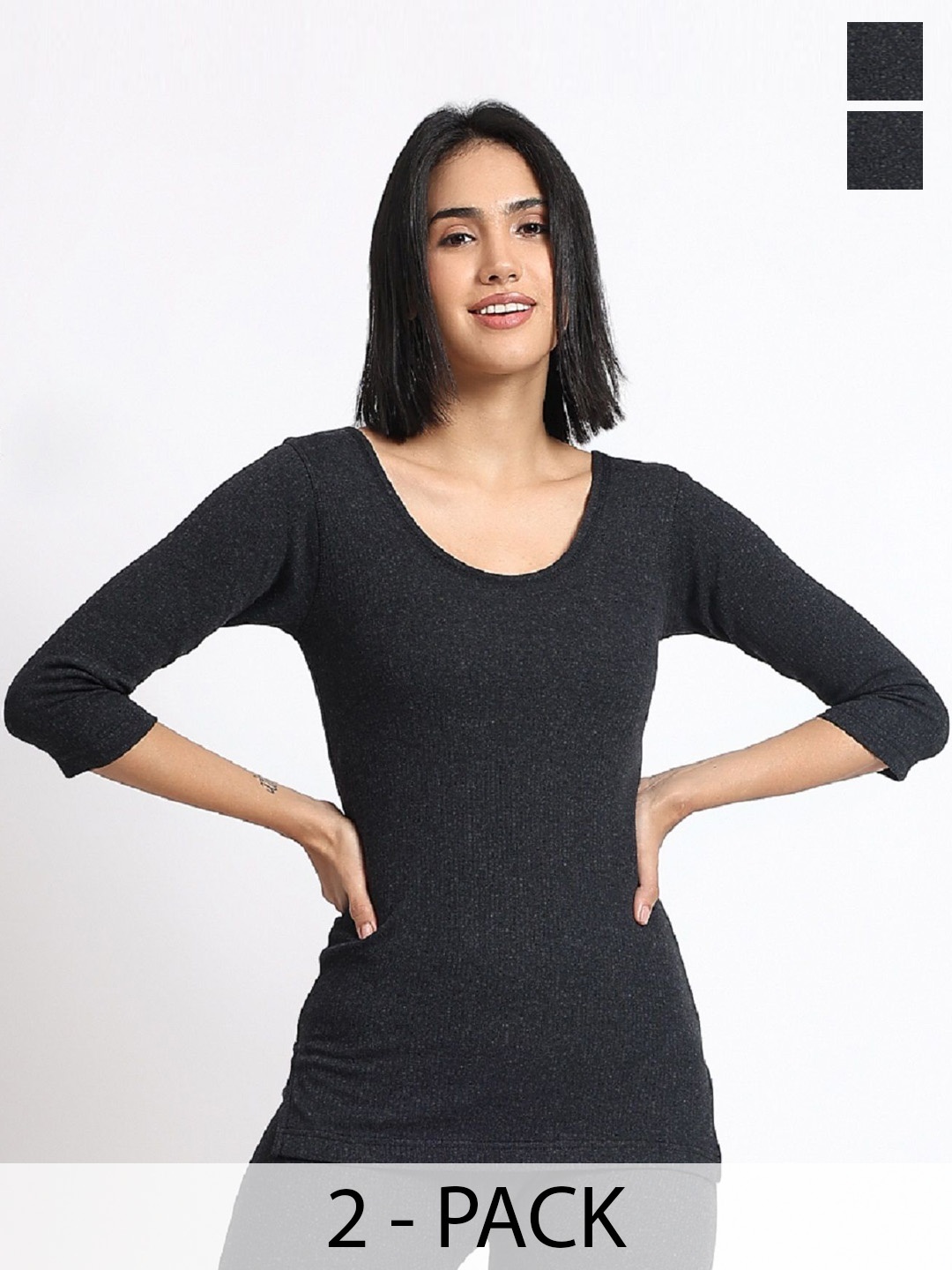 

T.T. Women Pack Of 2 Cotton Rich With Elastomeric Finish Thermal Top, Black