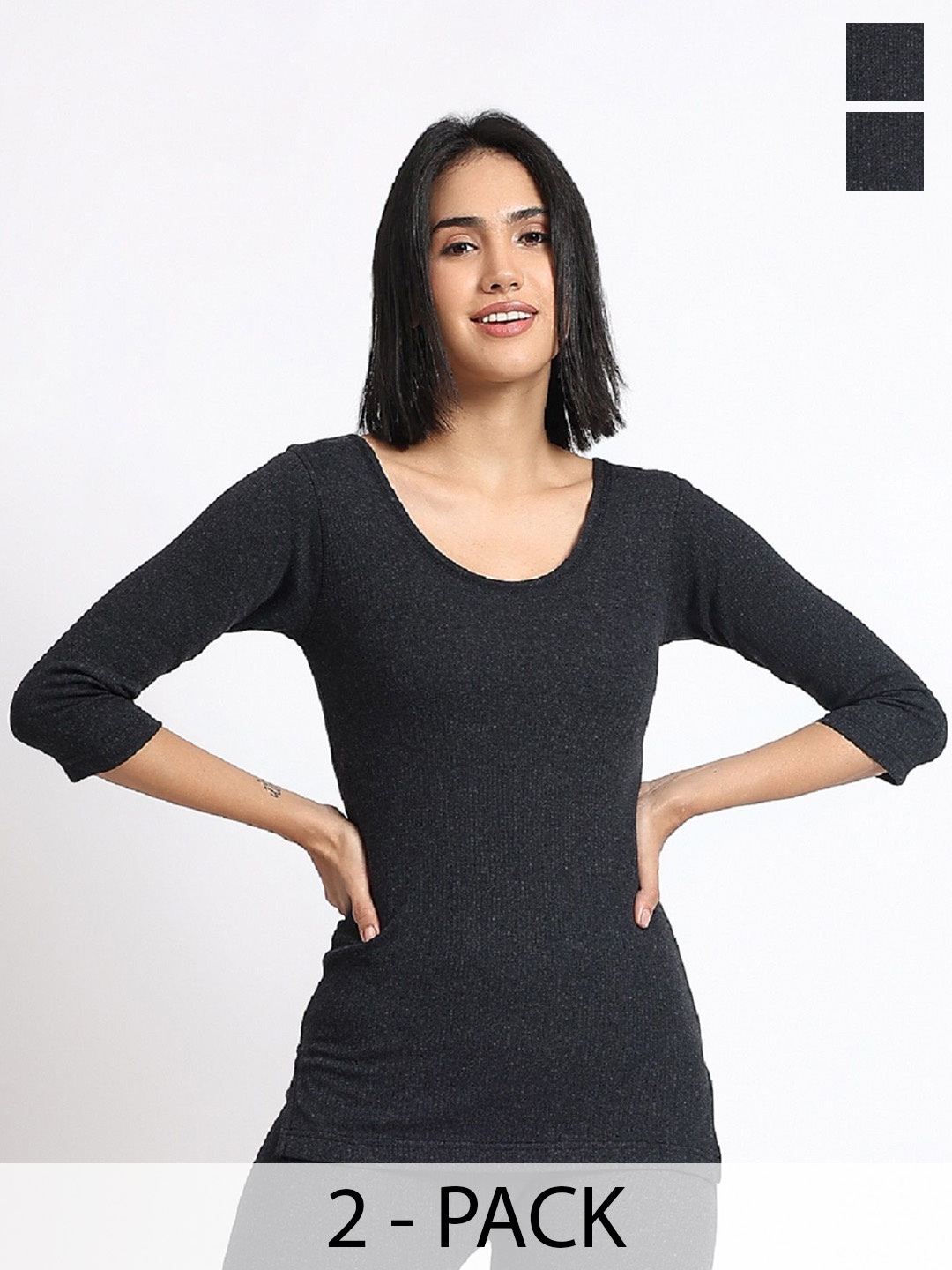 

T.T. Pack Of 2 Cotton Rich With Elastomeric Finish Thermal Top, Black