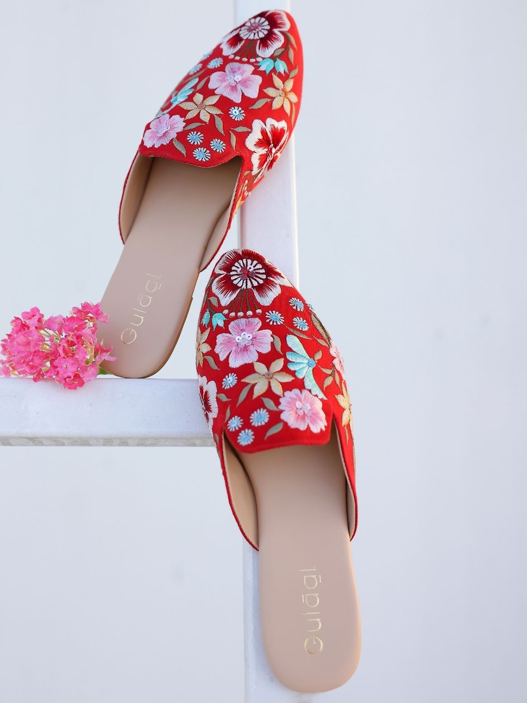 

Gulaal Women Floral Embroidered Mules, Red