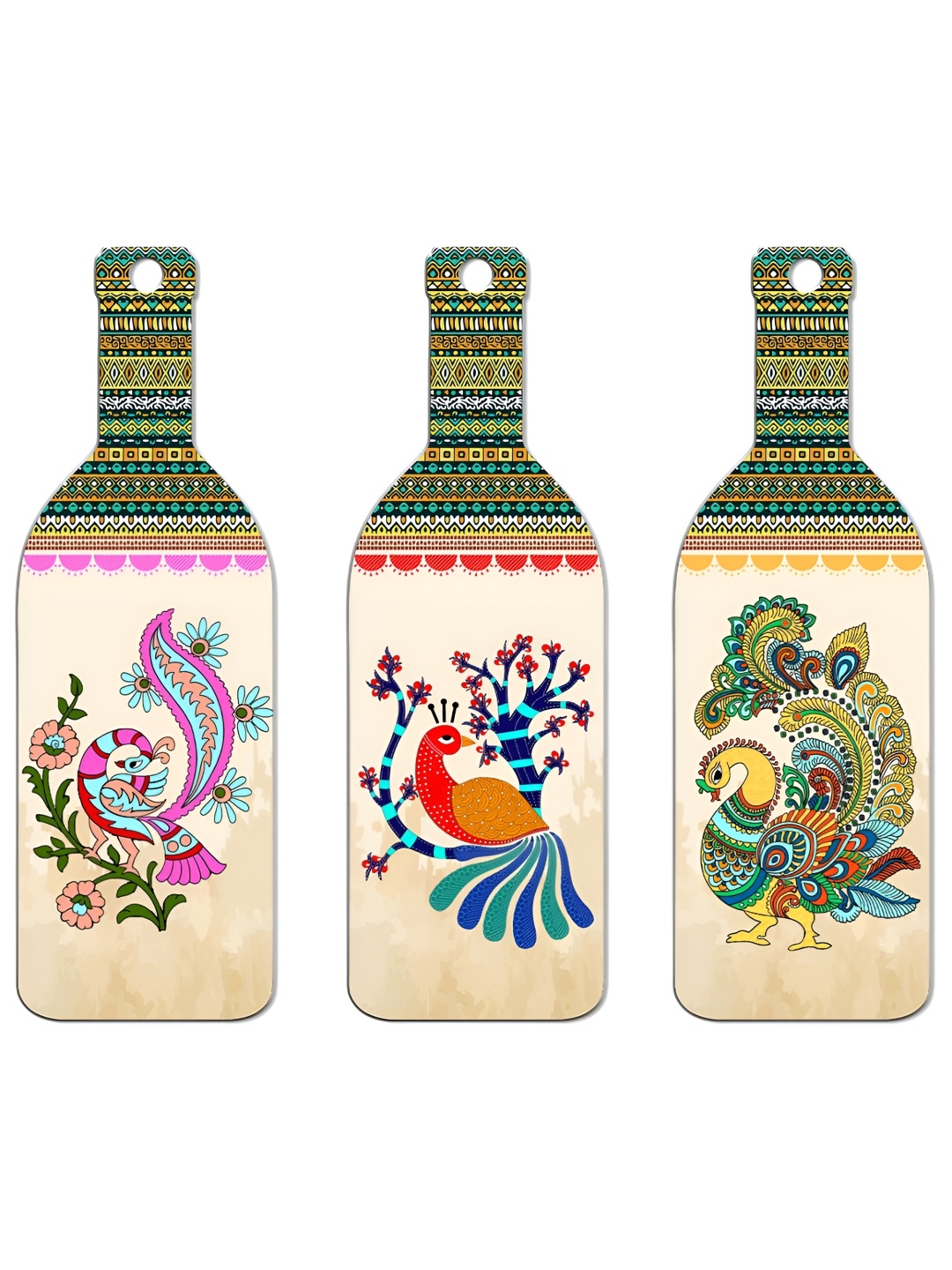 SEHAZ ARTWORKS Beige & Yellow 3 Pieces Ethnic Motifs Printed Decor Wall Hangings