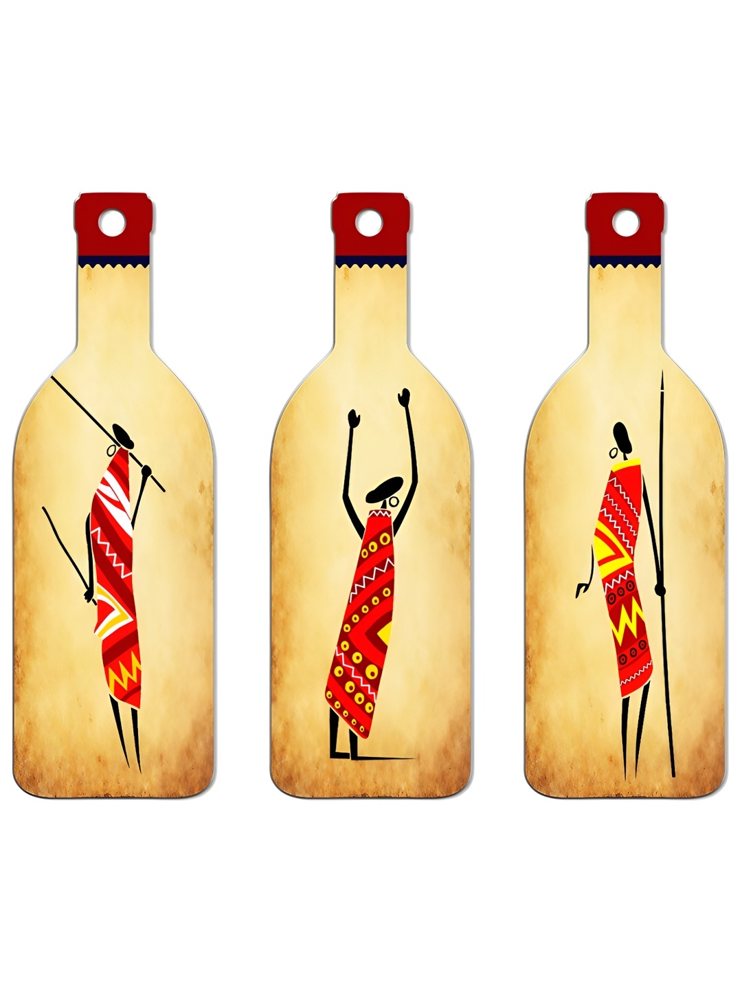 SEHAZ ARTWORKS Yellow & Red 3 Pieces Printed Wooden Decor Wall Hangings