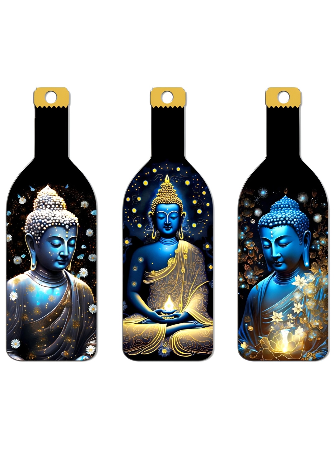 

SEHAZ ARTWORKS 3-Pcs Blue & Black Printed Living Room Decor Wall Hangings, Metallic