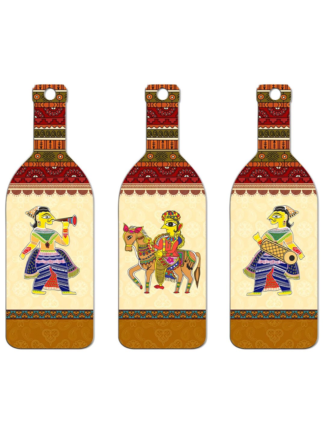 

SEHAZ ARTWORKS Green & Beige 3 Pieces Ethnic Motifs Printed Wooden Decor Wall Hangings