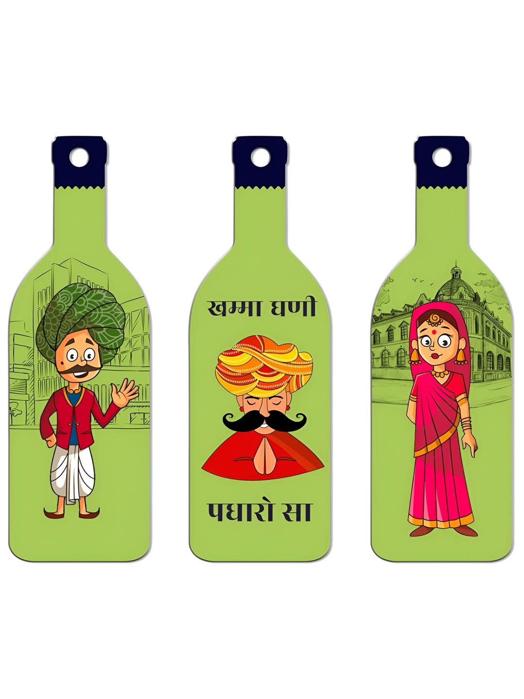 

SEHAZ ARTWORKS Green & Red 3 Pieces Printed Wooden Decor Wall Hangings