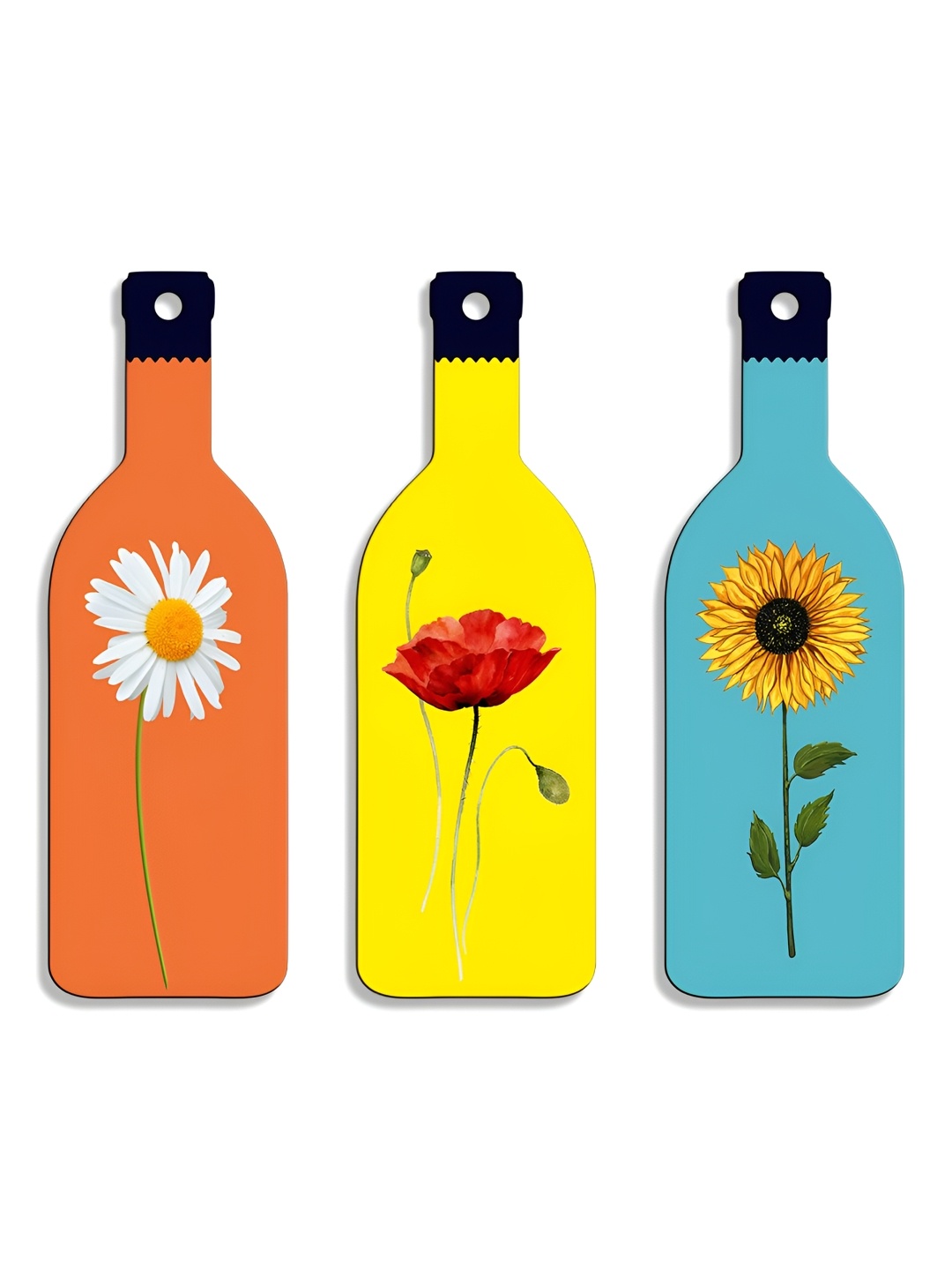 

SEHAZ ARTWORKS Orange-Color & Yellow 3 Pieces Floral Printed Wooden Decor Wall Hangings
