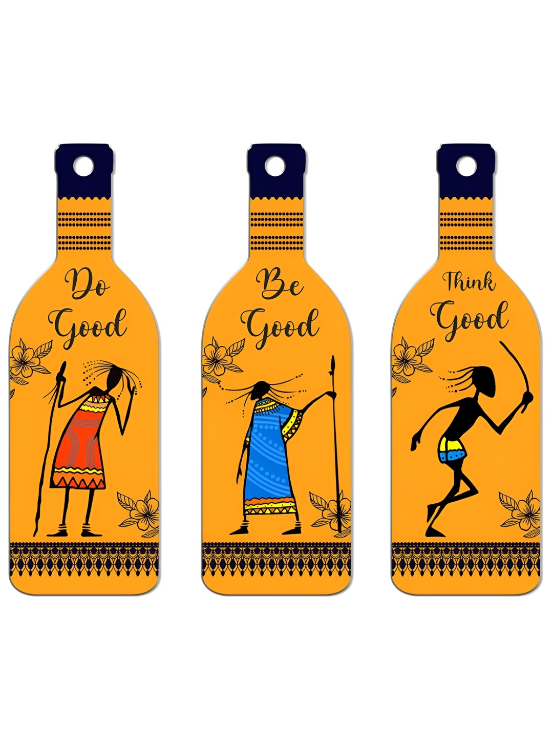 

SEHAZ ARTWORKS Yellow & Blue 3 Pieces Ethnic Motifs Printed Wooden Decor Wall Hangings