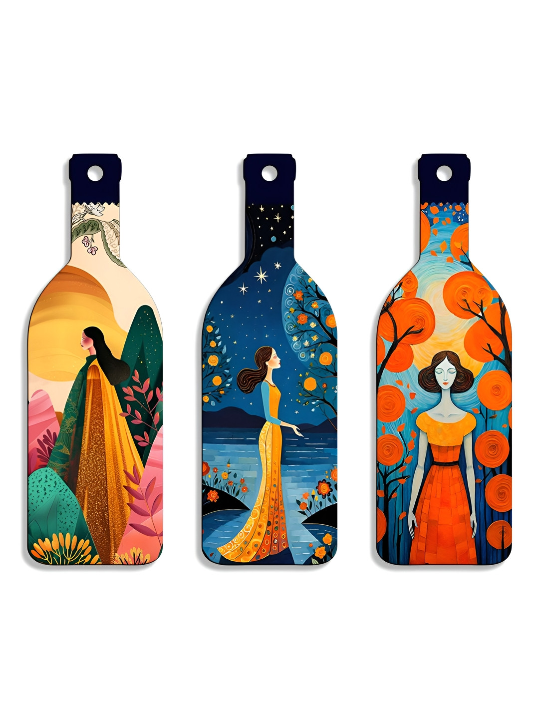 

SEHAZ ARTWORKS Blue & Yellow 3 Pieces Printed Wooden Decor Wall Hangings