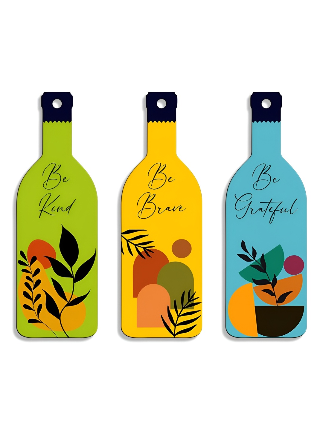 

SEHAZ ARTWORKS Green & Yellow 3 Pieces Printed Wooden Decor Wall Hangings