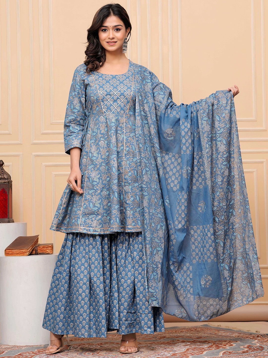 

AVYCO Floral Printed Round Neck Panelled Pure Cotton Anarkali Kurta With Sharara & Dupatta, Grey