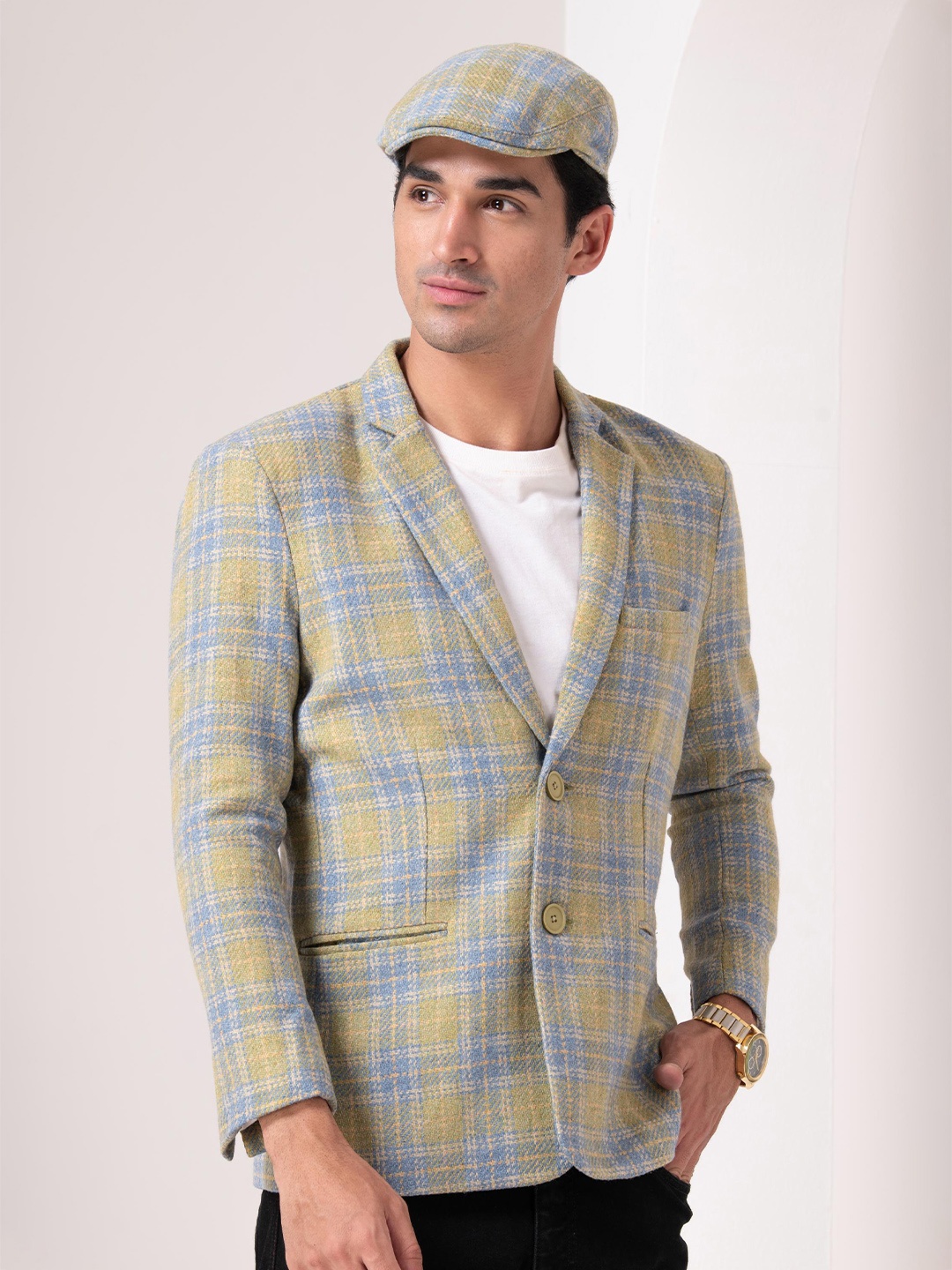 

HOUSE OF S The Henley Checked Notched Lapel Single-Breasted Blazer With Cap, Green