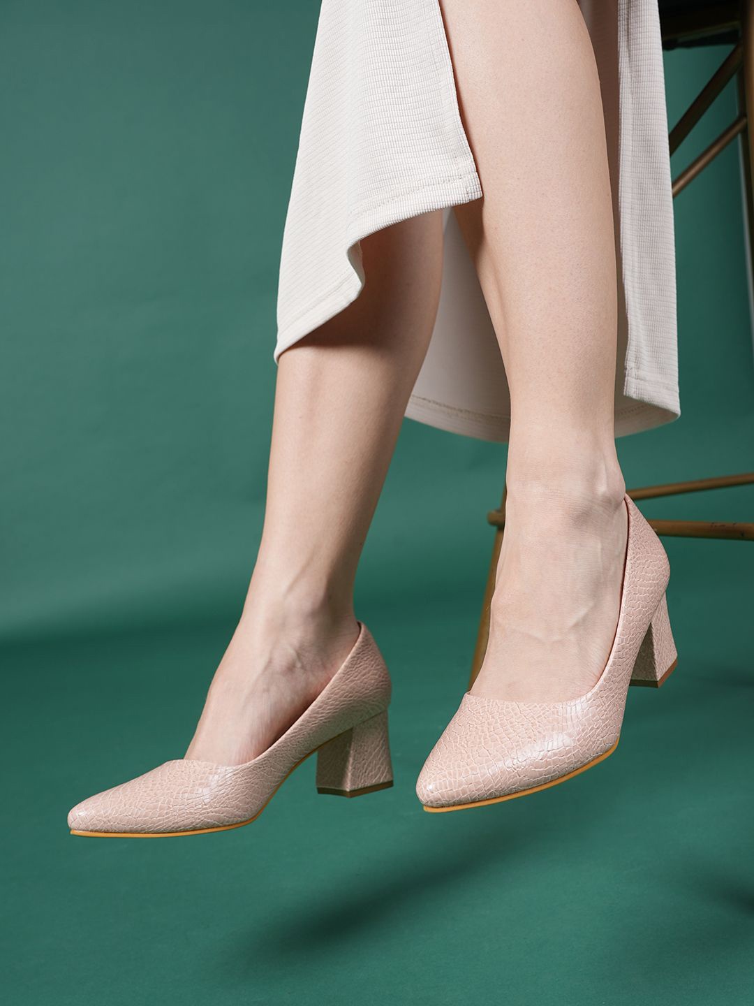 

DressBerry Textured Block Heel Pumps, Nude