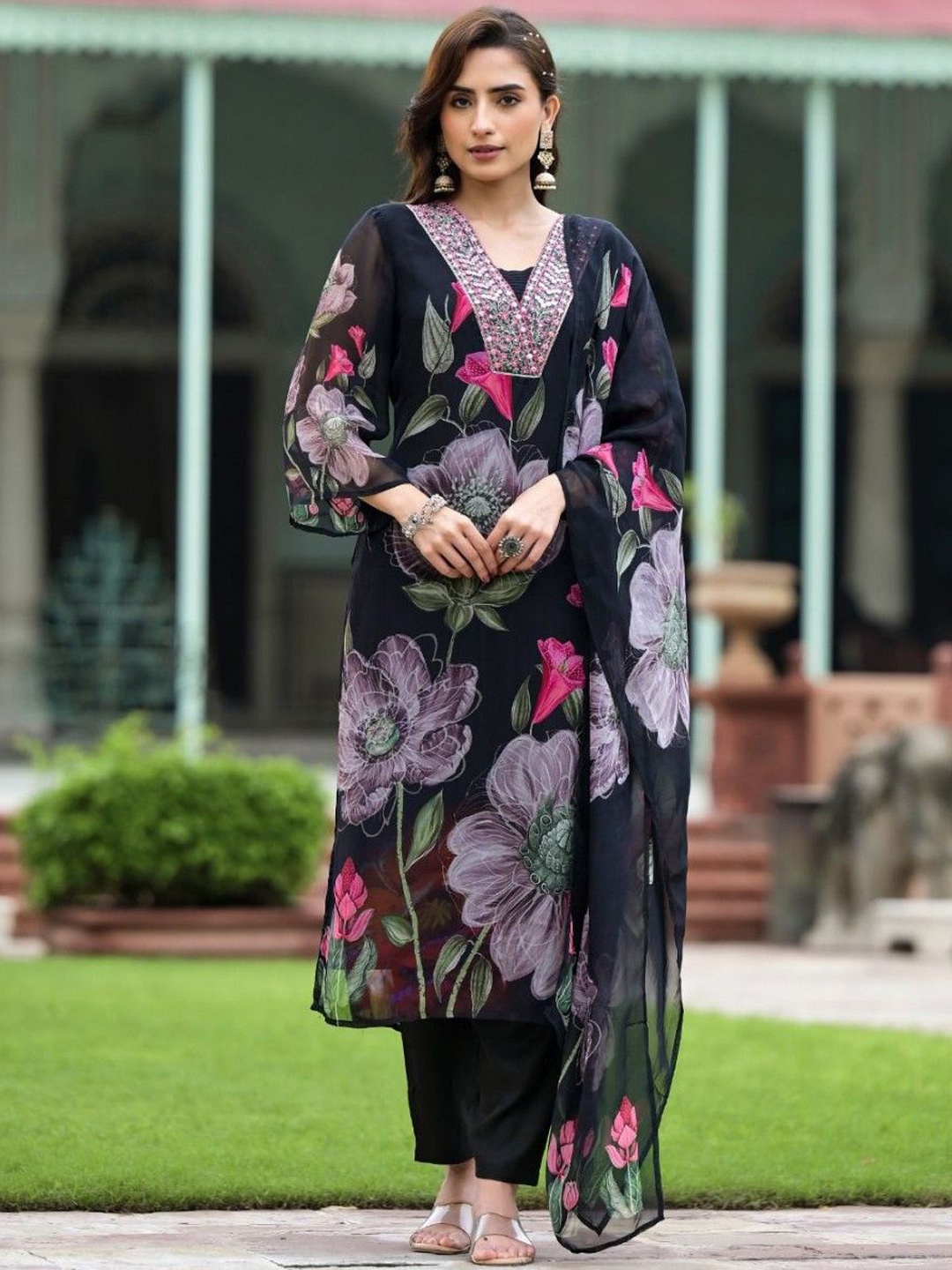 

KALINI Floral Printed Thread Work Silk Georgette Straight Kurta With Trousers & Dupatta, Black