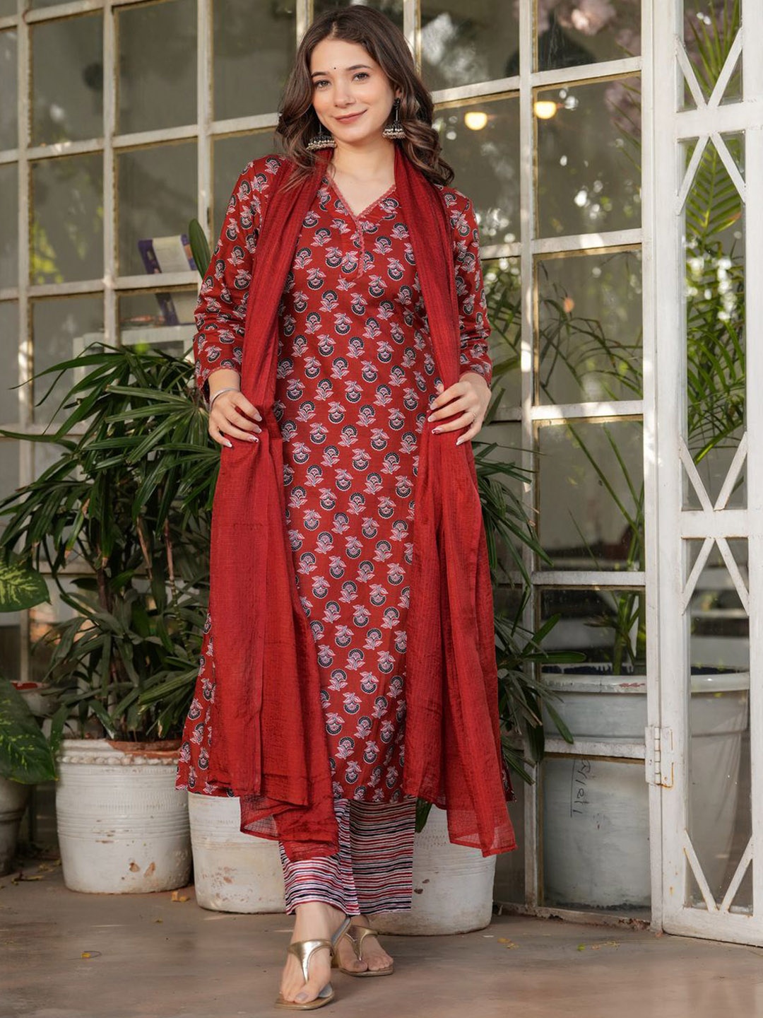 

KALINI Floral Printed V-Neck Pure Cotton Straight Kurta With Trouser & Dupatta, Maroon