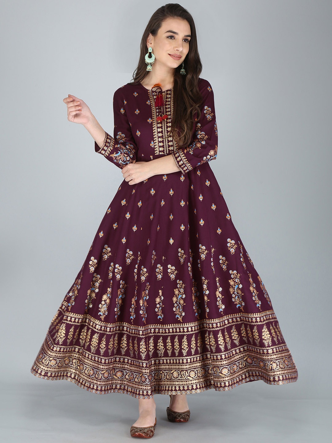 

AJ ART Ethnic motifs Printed Empire Tie-Up Neck Anarkali Kurta, Maroon