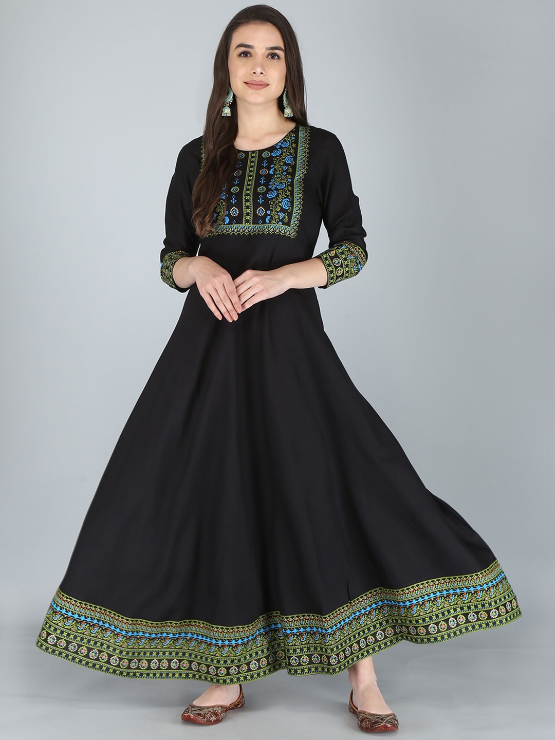 

AJ ART Floral Printed Empire Tie-Up Neck Anarkali Kurta, Black