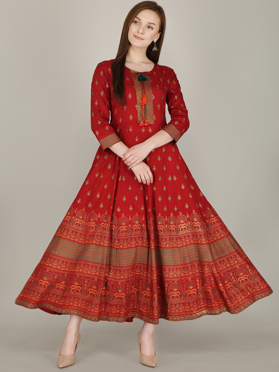

AJ ART Floral Printed Empire Tie-Up Neck Anarkali Kurta, Red